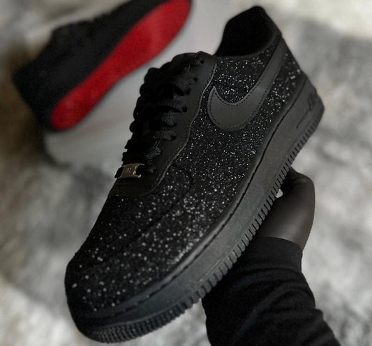Black Glitter Air Force 1 Sneakers | Custom Red Bottom AF1