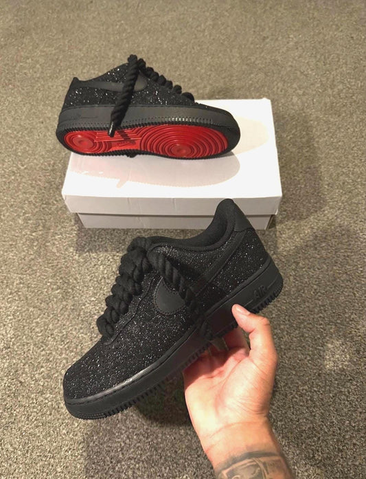 Black Glitter Air Force 1 Sneakers | Custom Red Bottom Chunk Rope AF1