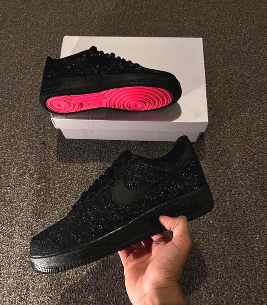 Black Glitter Air Force 1 Sneakers | Custom Hot Pink Bottom AF1